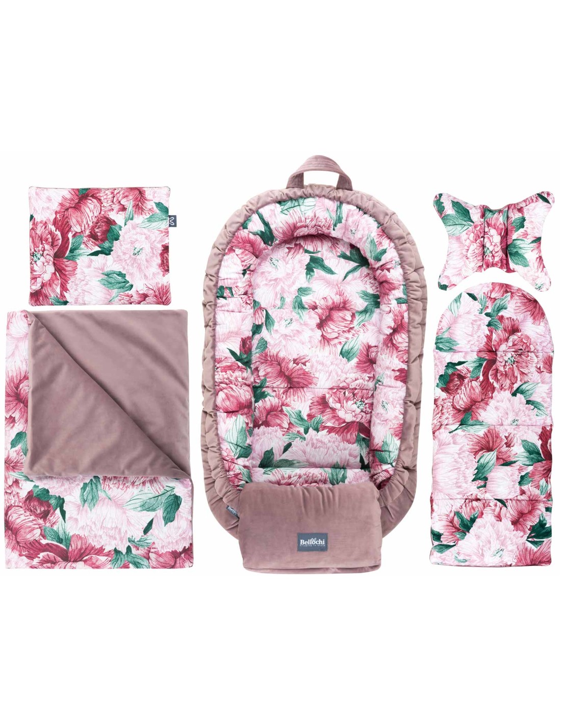 baby nest Pink Peony 6-element set with a multifunctional 4in1 wrapper: flat pillow and feeding sleeve