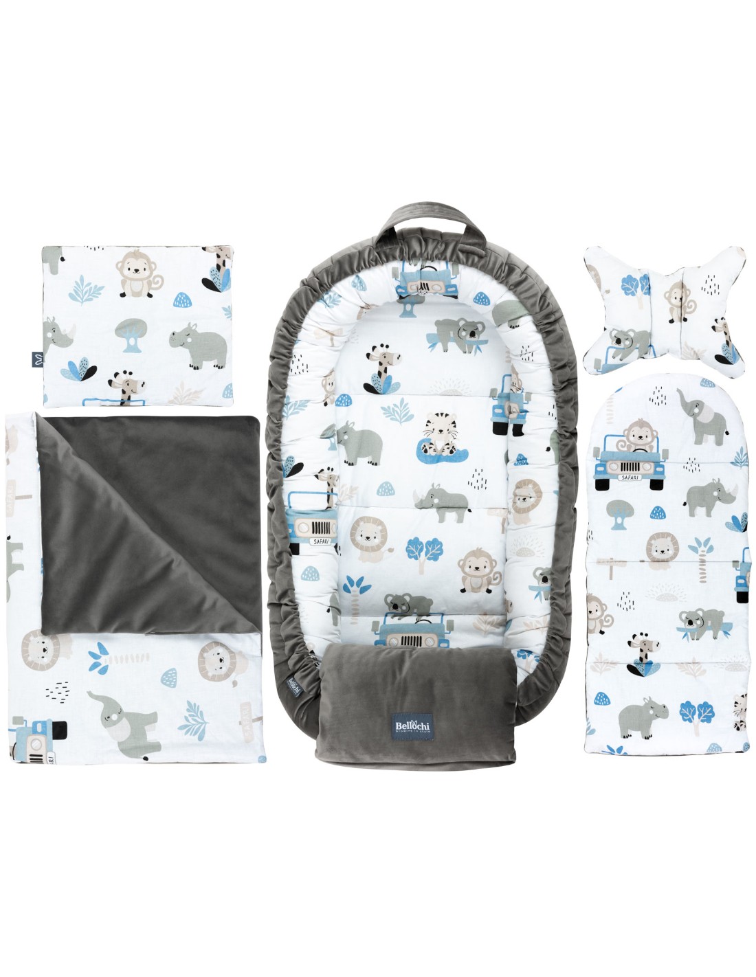 baby nest Safari 6-element set with a multifunctional 4in1 wrapper: flat pillow and feeding sleeve