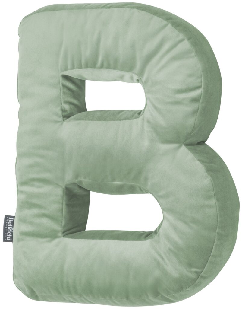 Decorative pillow in the shape of a letter 'B', olive