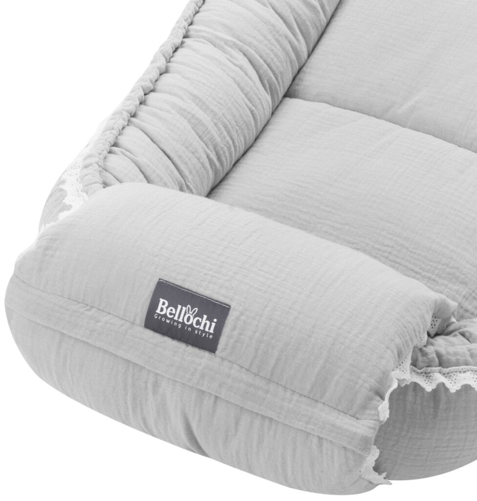 Baby nest 3 piece set Cuddly Muslin Grey with decorative wrap: pillow & arm pillow
