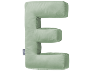 Decorative pillow in the shape of a letter 'E', olive