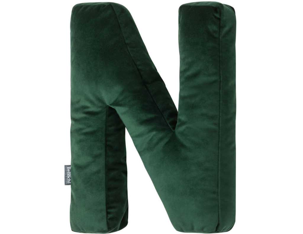 Decorative pillow in the shape of a letter  'N', green